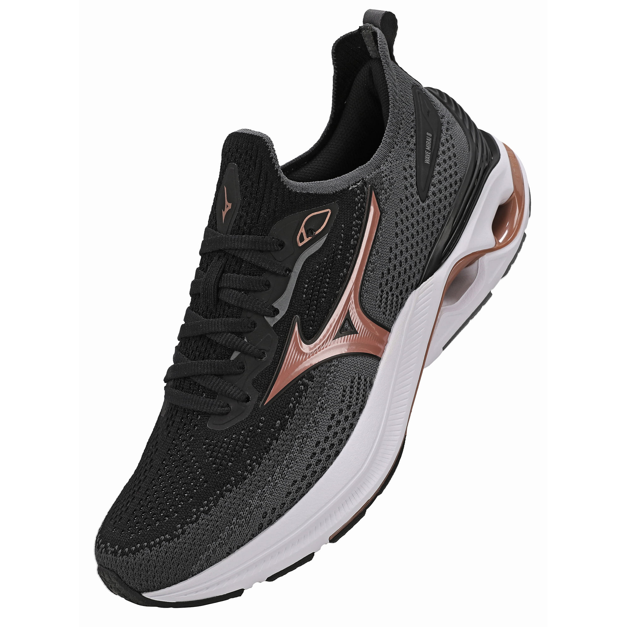 Tênis Mizuno Wave Mirai 8 Feminino preto com detalhes rosa e bronze, vista frontal destacando design ergonômico e logotipo Mizuno